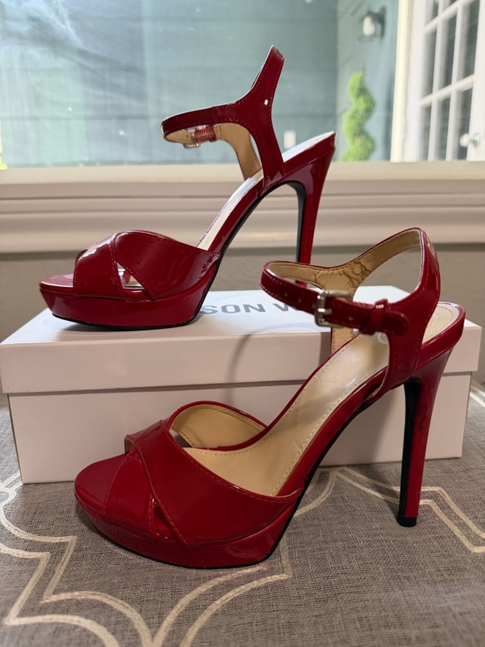 Guess Red Patent Peep-Toe High Heel Sandals - Women - Picture 2 of 5
